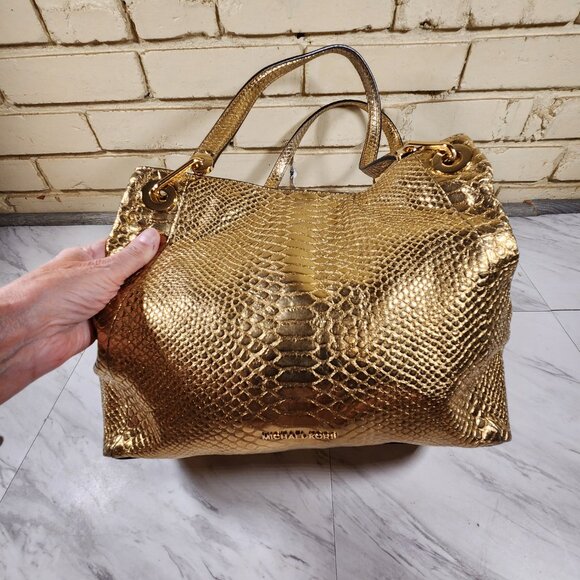 Michael Kors Raven Snakeskin Gold Leather Tote Bag Purse - Picture 3 of 14